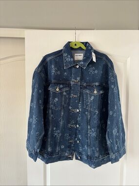NWT Old Navy Dark Blue Floral Oversized Trucker Denim Jacket - Women's SZ L